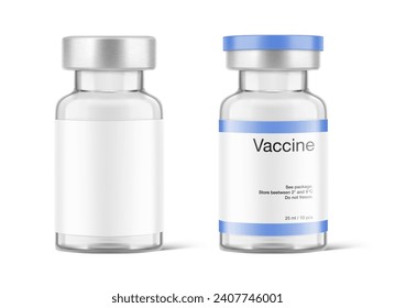 Transparent glass bottles for injections mockup. Vector illustration isolated on white background. Can be use for medicine, cosmetic and other. Ready for your design. EPS10.