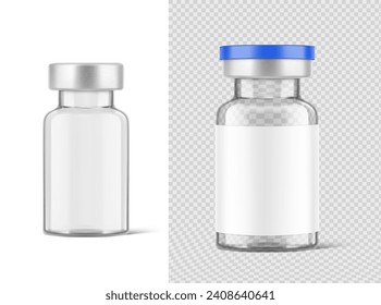 Transparent glass bottles for injections mockup. Vector illustration isolated on white and transparent background. Can be use for medicine, cosmetic and other. Ready for your design. EPS10.