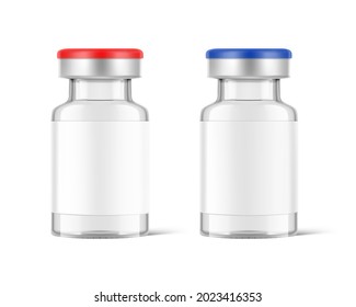 Transparent glass bottles for vaccine injections mockup. Vector illustration isolated on white background. Can be use for medicine, cosmetic and other. Ready for your design. EPS10.	