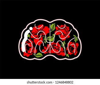 Transparent glass brain and Flowers. Vector illustration
