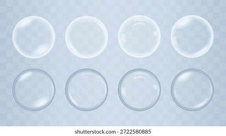 Conjunto de bolhas de vidro transparente com reflexos suaves - gotas claras de ácido hialurônico e colágeno, elementos cosméticos de cuidados da pele do soro, círculos flutuantes isolados no fundo transparente