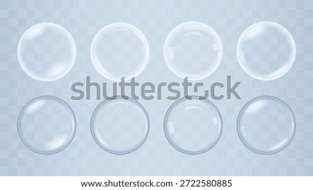 Transparent Glass Bubble Set with Soft Reflections – Hyaluronic Acid and Collagen Clear Drops, Cosmetic Serum Skincare Elements, Floating Circles Isolated on Transparent Background
