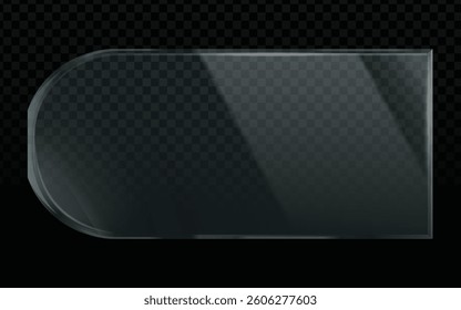 Transparent Glass Button Vector: Rounded Edge, Dark Checkered Background, Realistic Glass, UI Element, Vector Design, App Button, Web Button, Modern Glass, Shiny Button, Unique Shape.