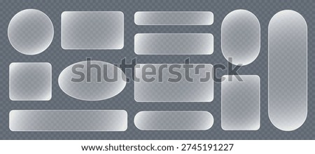 Transparent glass buttons, glass border shapes. Light glass box frame with neon effect for square ux icon. Glitch abstract background glossy border technology ui shape design