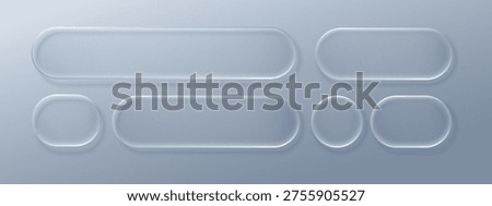 Transparent glass buttons with glossy liquid effect. Modern 3D UI elements featuring frosted frames, light gradients, and sleek geometric shapes for digital interfaces.