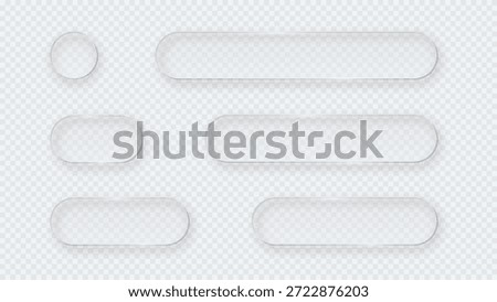 Transparent glass buttons. Liquid glass design elements with morphism effect. Modern digital interface icons for web and app design with rounded frame and subtle shadow. Vector illustration.