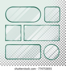 Transparent Glass Buttons Vector. Glass Plates Elements. Set Square, Round, Rectangular Shape. Realistic Plates. Plastic Banners With Reflection. Isolated On Transparency Background Illustration