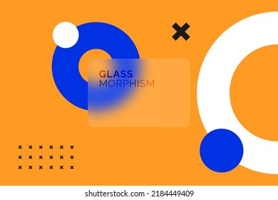 Transparent glass card design. Glass morphism vector effect. Trend style. Different shapes on the orange background
