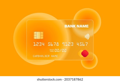 Transparent glass card. New bank card, realistic images. Bubbles on background, graphic elements for website. Internet payment symbol. Realistic vector illustration isolated on orange backdrop