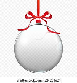 Transparent Glass Christmas ball with Red Bow isolated on white. Vector illustration.