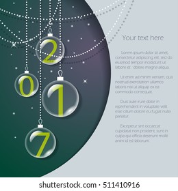 Transparent glass christmas balls on green background. Vector card. Easy editable background color