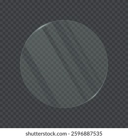 Transparent glass circular frame. 3d plastic blank screen with circle shape isolated on on transparent background. Reflective surface panel with light glare. UI element. Realistic vector illustration.