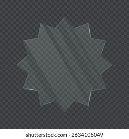 Transparent glass circular frame with zigzag edge. 3d plastic blank circle screen isolated on on transparent background. Reflective surface panel with light glare. Realistic vector illustration.