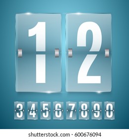 Transparent Glass Countdown timer isolated on blue background. Mechanical scoreboard. Vector template for your design