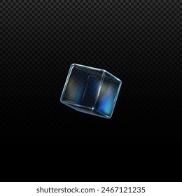 Transparent glass cube with iridescent reflections. Vector 3D illustration of a geometric shape on a dark background, showcasing a sleek and modern icon design.