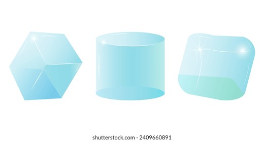 Transparent glass cube shapes in realistic style. Set of geometric shapes. Square podium ice. Poster, banner, and social media design. Vector illustration.
