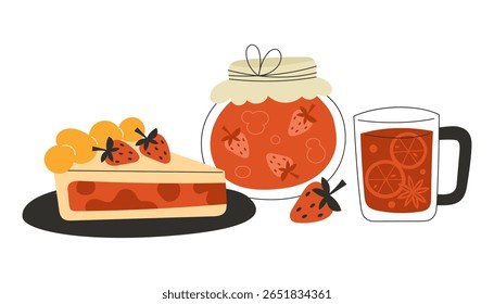 Copo de vidro transparente do chá de ervas de outono com especiarias Jar de morango e fatia de fatia de morango caseiro estilo plano ilustração no fundo branco