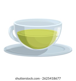 Transparent glass cup full of green tea standing on a saucer is waiting on a white background