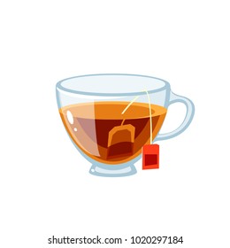 Transparent glass cup full of tea, with tea bag. Vector illustration cartoon flat icon isolated on white.