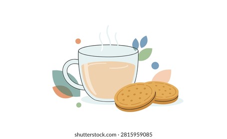 Transparent glass cup of hot steaming tea served alongside two round crispy cookies on white backdrop.