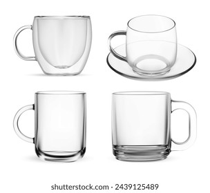 Transparent glass cup set. Double wall tea mug mockup, realistic vector template. Coffee cup design for brand logo, transparent tumbler, isolated on white