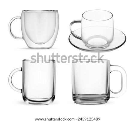 Transparent glass cup set. Double wall tea mug mockup, realistic vector template. Coffee cup design for brand logo, transparent tumbler, isolated on white