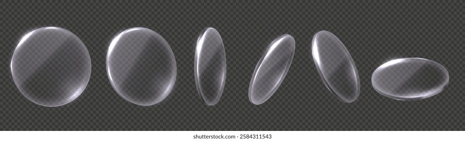 Transparent glass discs. Realistic 3D glossy optical elements, search, magnifying, clear glass circle with light refraction and transparency effect isolated vector set.