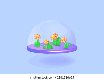Transparent glass dome with 3D pink flowers. Spring decor