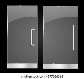 Transparent glass doors, isolated on black background, vector illustration. For shop, store, mall, boutique, office building glass door