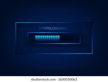 Transparent glass Downloading progress icon on blue background. technology background concept. Vector illustration.