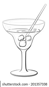 Transparent glass with drink, ice cubes and straw, black contours isolated on white background. Vector