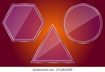 Transparent Glass Effect Vector Shapes Set Featuring Hexagon, Triangle and Circle with Soft Shine Highlights on Gradient Background for Modern Design Templates