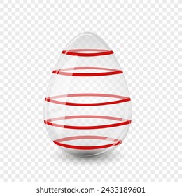 Transparent glass egg with red stripes. Easter egg card. For postcard, card, invitation, poster, banner template lettering typography. Seasons Greetings. Vector illustration.