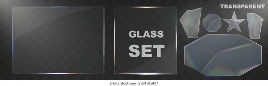 Transparent glass elements with light reflections, transparency effects, and realistic details for modern interface design.