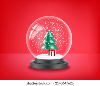 Transparentes Glas leere Kristallkugel mit Schnee und Weihnachtsbaum. 3D-Vektorgrafik mit Kopienraum
