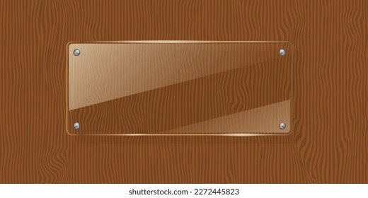 Transparent glass empty plate mock up with Brown wooden background. Illustrated vector, Glass banner plate, viduru board
