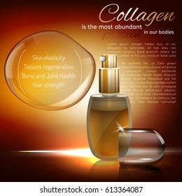 Transparent glass flacon with gold elements on a radiant sunset background with shiny bubble. Beautiful vector illustration in realistic style. Cosmetic, skin care or perfumery premium ad concept.