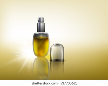 Transparent glass flacon with silver elements. Beautiful vector illustration in realistic style. Cosmetic, skin care or perfumery concept in warm gold colours. Premium ad design template.