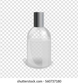 Transparent glass flacon with silver elements. Beautiful vector illustration in realistic style. Cosmetic, skin care or perfumery concept in warm gold colours. Premium design template.