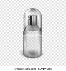 Transparent glass flacon with silver elements. Beautiful vector illustration in realistic style. Cosmetic, skin care or perfumery concept in light grey colours. Premium design template.