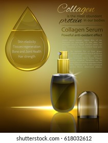 Transparent glass flacon with silver elements on bronze background. Beautiful vector illustration in realistic style. Cosmetic medicine, skin care or perfumery concept. Premium ad design template.