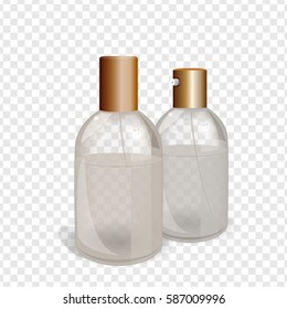 Transparent glass flacons with gold elements. Beautiful vector illustration in realistic style. Cosmetic, skin care or perfumery concept. Premium design template.
