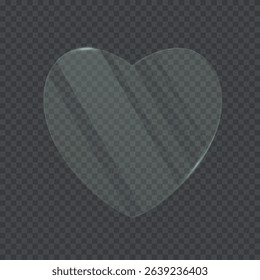 Transparent glass frame with heart shape. 3d plastic blank screen isolated on on transparent background. Reflective surface panel with light glare. Modern UI element. Realistic vector illustration.