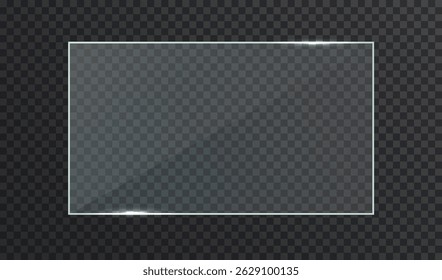 Transparent glass frame isolated dark background. Glass banner vector realistic. Acrylic banner set