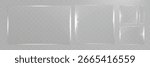 Transparent glass frame set isolated, realistic clear plastic film border, shiny glare overlay, vector template for photo decoration.