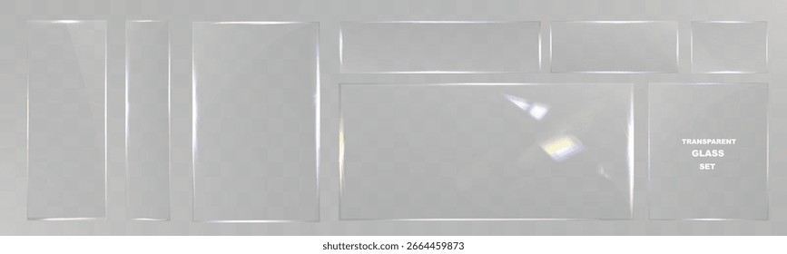 Transparent glass frame set isolated, realistic clear plastic film border, shiny glare overlay, vector template for photo decoration.