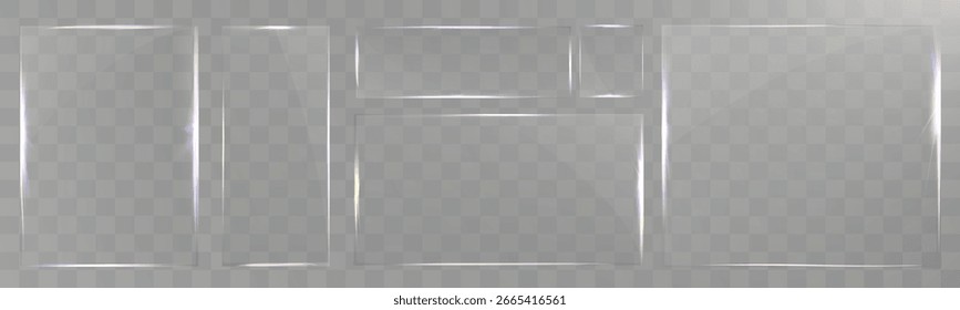 Conjunto de marco de vidrio transparente aislado, borde de película de plástico transparente realista, superposición de resplandor brillante, Plantilla de Vector para decoración fotográfica.
