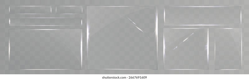 Transparente Glasrahmen-Set einzeln, realistisch klare Kunststoff-Folie Rand, glänzende Blendung Overlay, Vektorvorlage für Fotodekoration.	