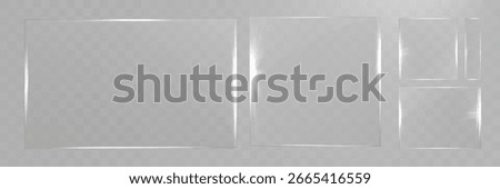 Transparent glass frame set isolated, realistic clear plastic film border, shiny glare overlay, vector template for photo decoration.