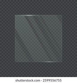 Transparent glass frame with square shape. 3d plastic blank screen isolated on on transparent background. Reflective surface panel with light glare. Modern UI element. Realistic vector illustration.